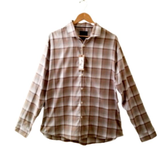 STITCH NOTE Plaid Button Up Shirt Sz XL Brown White Egyptian Cotton - Picture 1 of 10